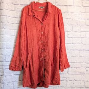 Flax Linen Jacket Tunic Top M Orange Button Down Blouse Pockets Langenlook Boho